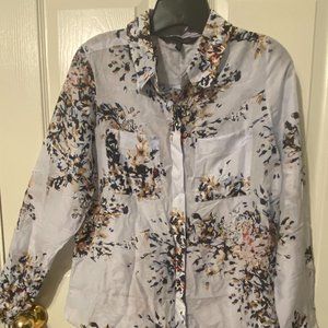 WHBM Long Sleeve Button up Light blue floral top